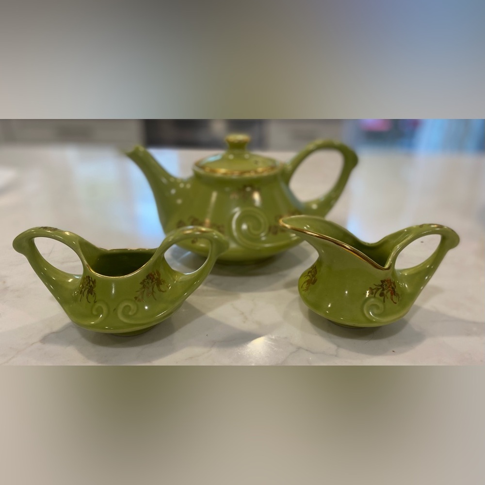 Vintage MCM Teapot and Creamer Set with Gold Accents